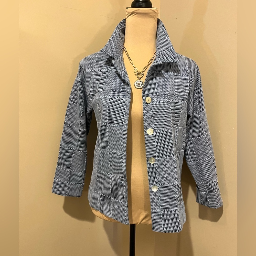 Coldwater Creek Blue Windowpane Collared Jacket 3/4 sleeve, size MP